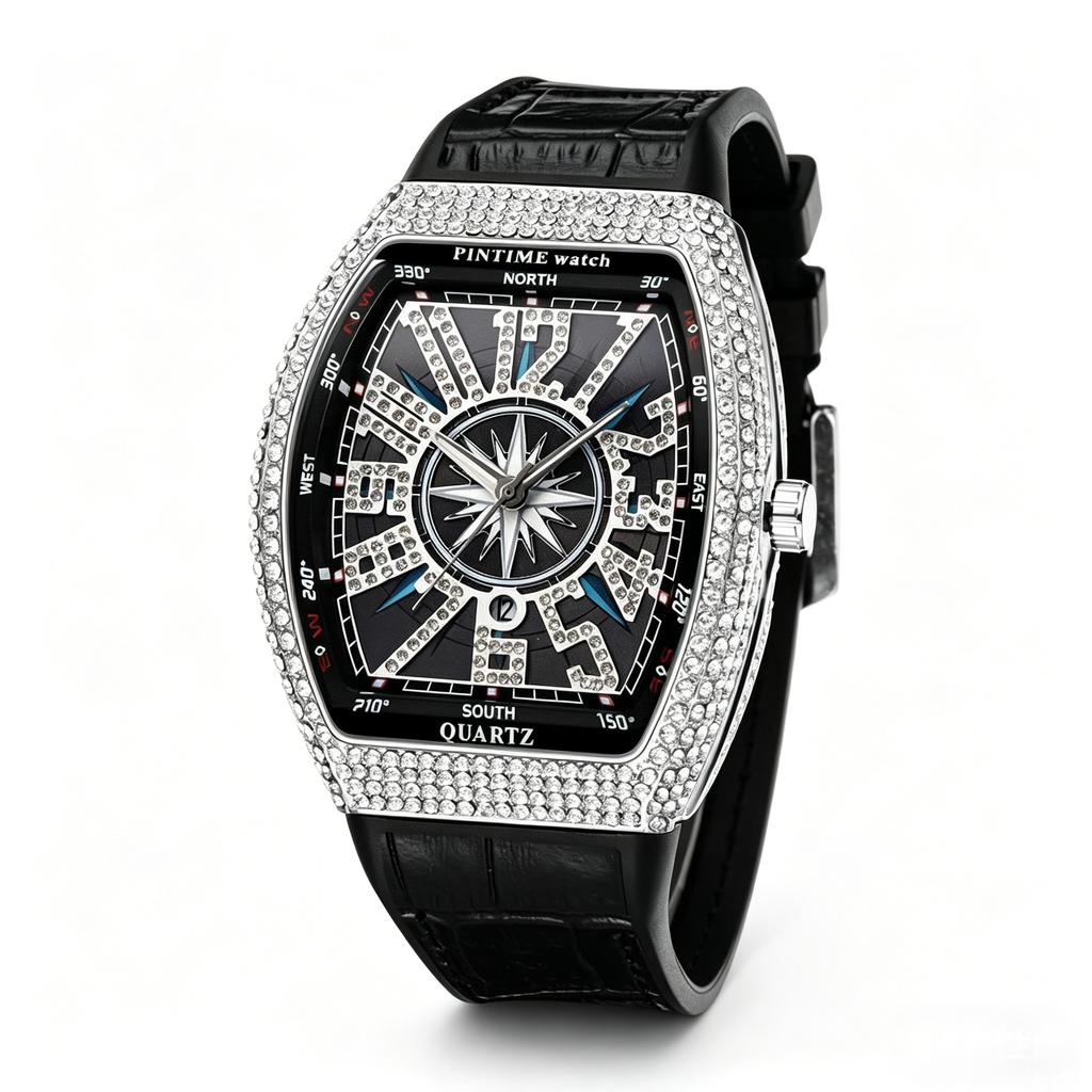 Men's Quartz Watch - Barrel-Shaped Starburst Silicone Strap Watch, Vintage Large Dial Quartz Watch with Boat Embellishments and