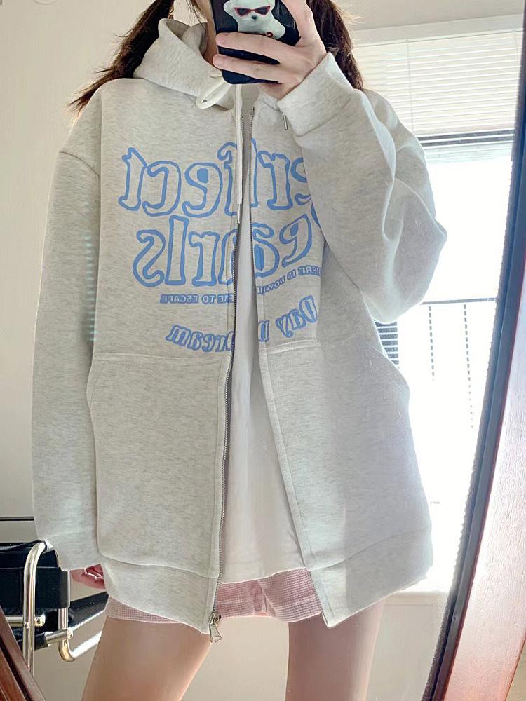 Unisex 2025 Hip Hop Zip-Up Hooded Sweatshirt - Casual Loose Fit, Drop Shoulder, Spring/Autumn Trendy Letter Cardigan.
