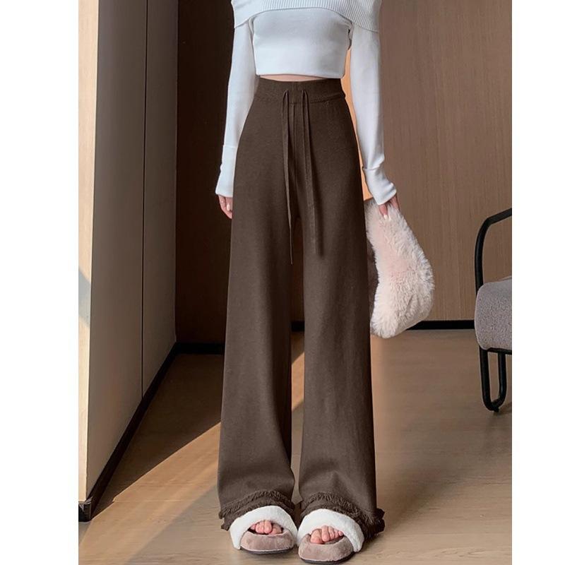 Tassel Rough Edge Knitted Pants Children's Autumn and Winter New High Waist Narrow Version Wide Leg Pants Lazy Drape Casual Straight-leg Pants