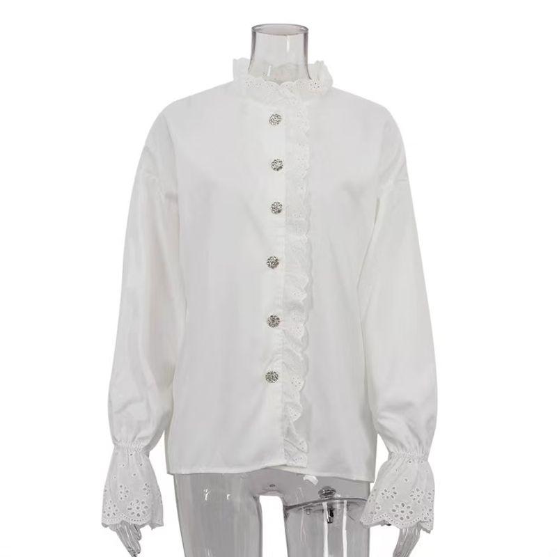 

French Royal Style Stand Collar Diamond Button Ruffles Shirt All-Matching Shirt Flared Sleeve Shirt White S