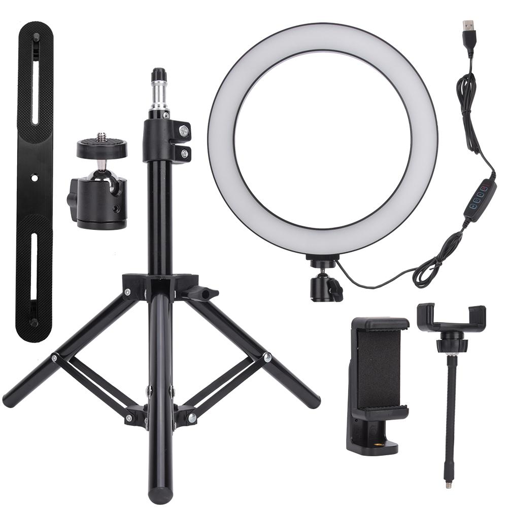 

10-дюймовая светодиодная кольцевая лампа с регулируемой яркостью и USB-портом для фотосъемки, с зажимом для телефона, складной штатив