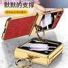 Magnetic Snap-On Case Galaxy Z Flip5 With Ring Stand Electroplated Vegan Leather Texture Shockproof PC Cover