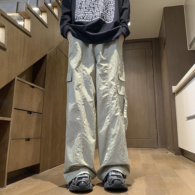 American Solid Color Pleated Functional Tooling Pants Men's Summer Trend High Street Ruffian Handsome Straight Loose Casual Wide-leg Pants