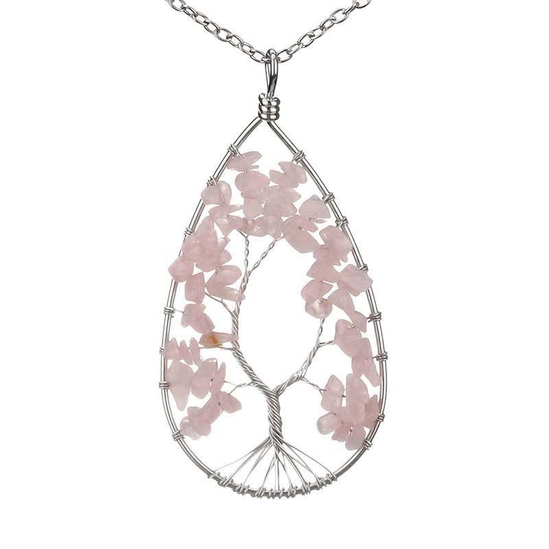 Handmade Winding Silver Natural Stone Crystal Water Drop Shaped Tree Of Life Necklace Colorful Stone Pendant Necklace N30