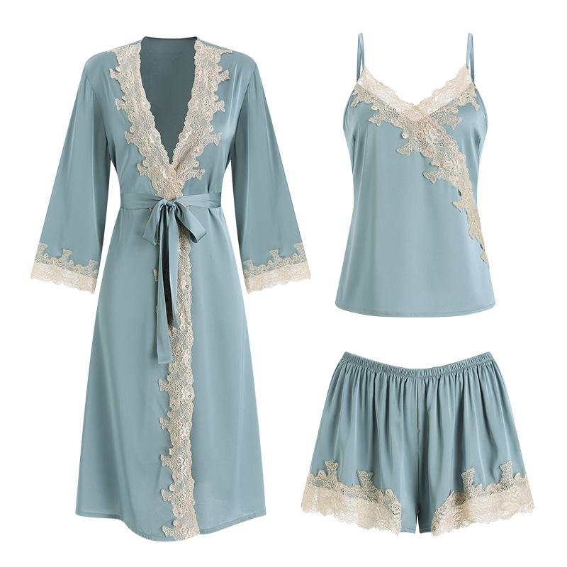 Women's Satin Lace Cami Shorts with Tie Robe Bathrobe Lounge Set