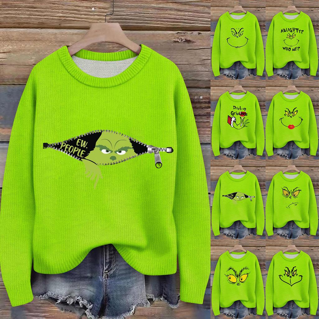 Long Sleeve Pullover Sweaters For Women O Neck Casual Cute Printing Knit Oversized Sweater