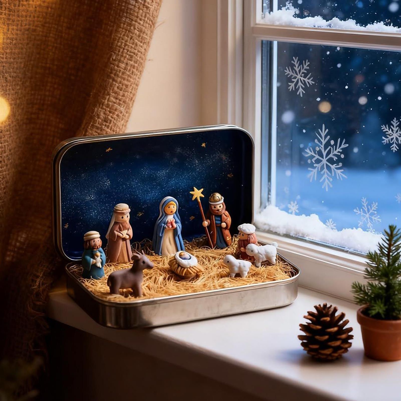 

Tin Box Nativity Set Portable Mini 3D Holy Figurines Religious Ornament Christmas Holy Family Decoration For Desk Shelf Office China Mainland