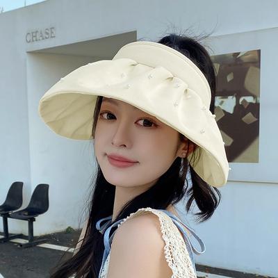 Floral Pearl Large Eave Hollow Top Shell Hat for Women's Summer Sun Protection and Hair Band Sun Hat