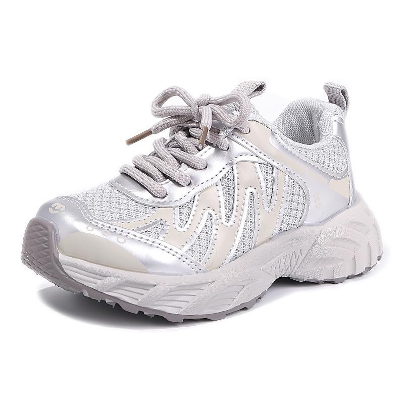 Kids' Silver Breathable Mesh Sneakers with Soft Soles - Lightweight Korean Style for Spring