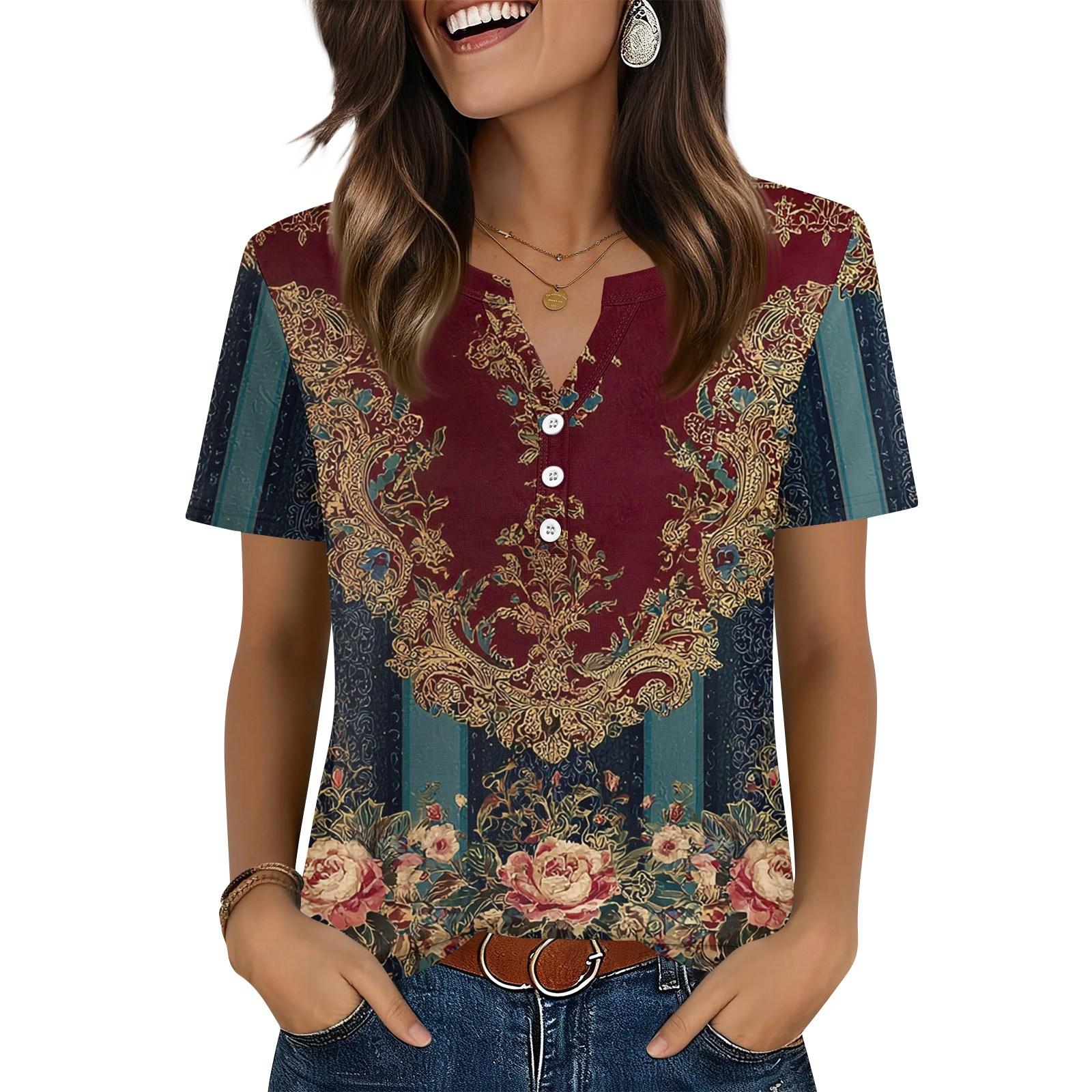 

Women s T Shirt Independence Day Print Button Short Sleeve Daily Weekend Fashion Basic V- Neck Regular Top XL
