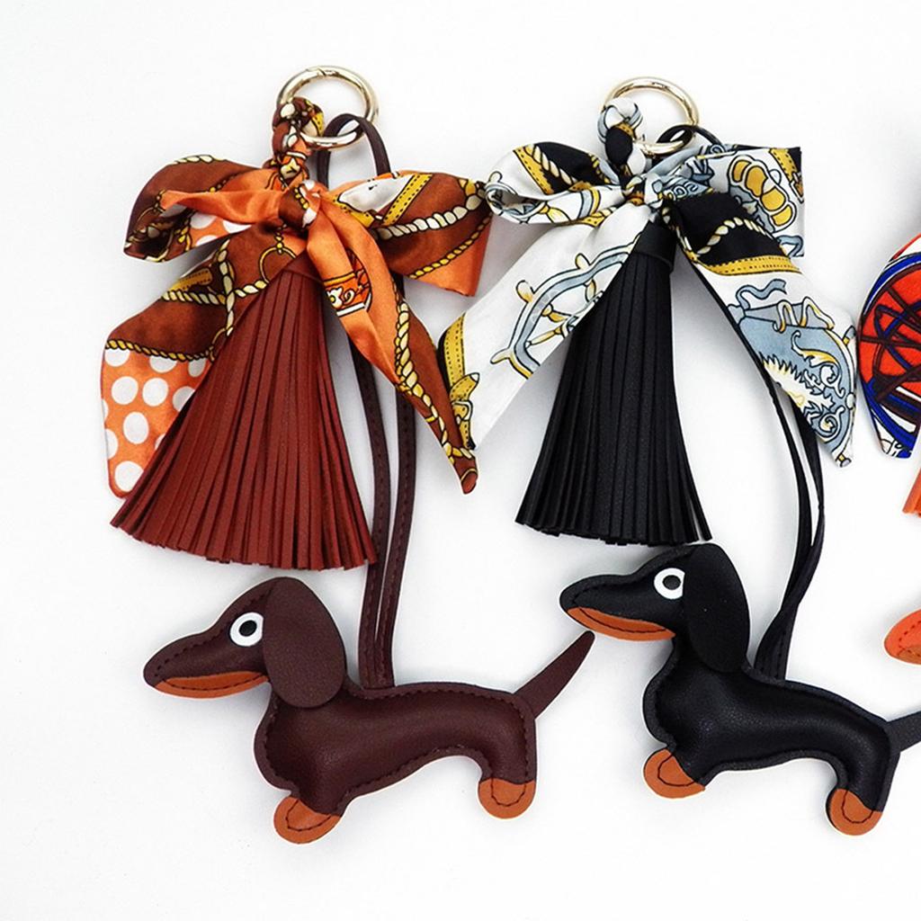 Stylish Dachshund Pendant with Soft Leather Tassels Bowknot Key Holder Fashion Charm Perfect for Bags or Car Decoration