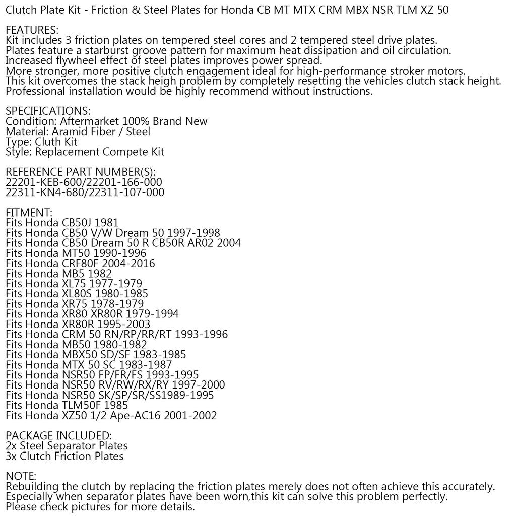 Clutch Kit Iron Friction Plates for Honda CB MT MTX CRM MBX NSR TLM XZ 50 Cc