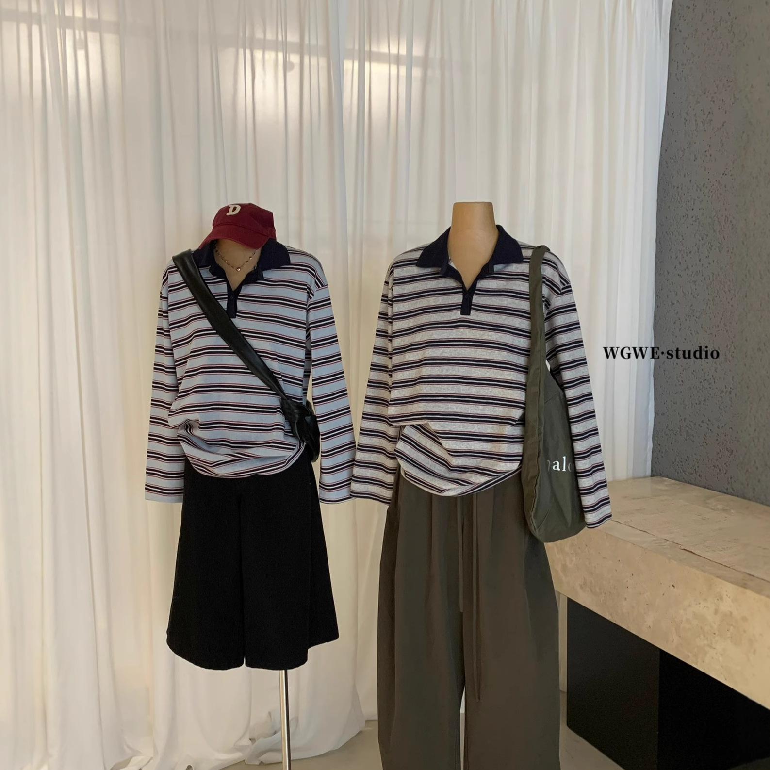 Guangzhou Women s Retro Polo Collar Striped Loose Long Sleeve for Autumn/Winter Gray Base with Blue Stripes