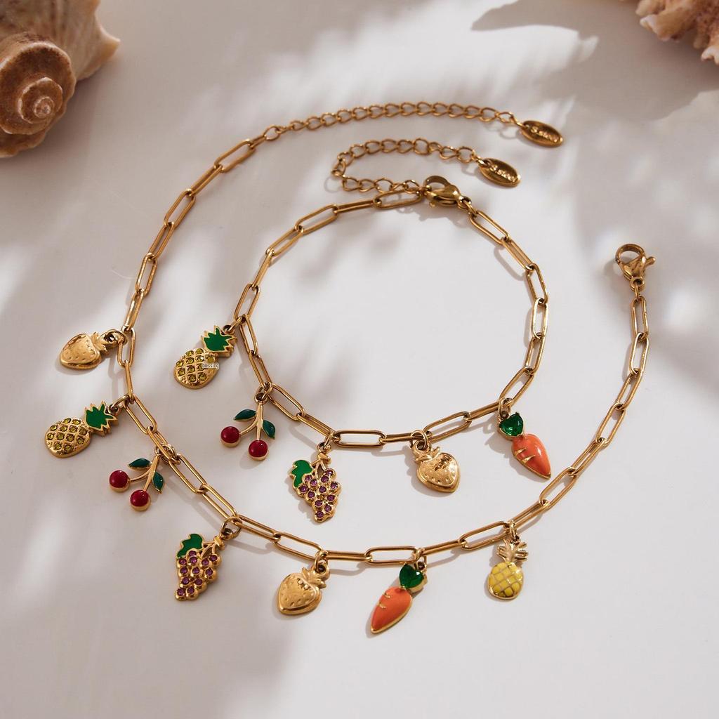 Qiong Yao Juicy Fruit Multi-Pendant Jewelry: 18K Gold Plated Bracelet, Necklace, Anklet