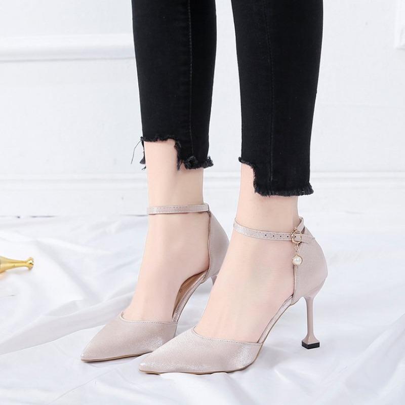 Fashion Fashion Solid Color High Heels Women's 2025 Summer New Sexy Pointed End Girl Net Comfortable Red One Word Buckle Casual Sandal