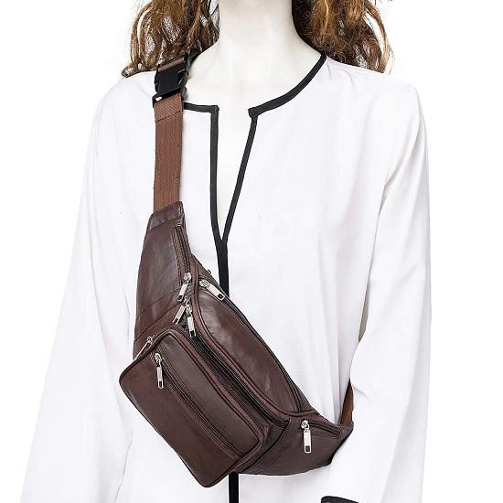 Noora Brown Leather Men Women Waist Bag Fanny Bag Travel Pouch Passport Holder