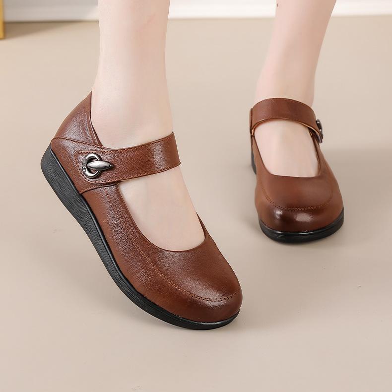 New Spring and Autumn Mother Shoes Single Shoes Round Toe Flat Sole Soft Sole Medium and Old Leather Shoes Non-slip Comfortable Elderly Shoes