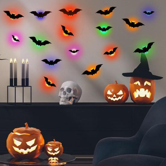 16 Pcs Lighted 3D Bat Sticker LED Halloween Bat Decorative Wall Sticker Light Up Glowing Bat Clings for Bedroom Window Wall Decor