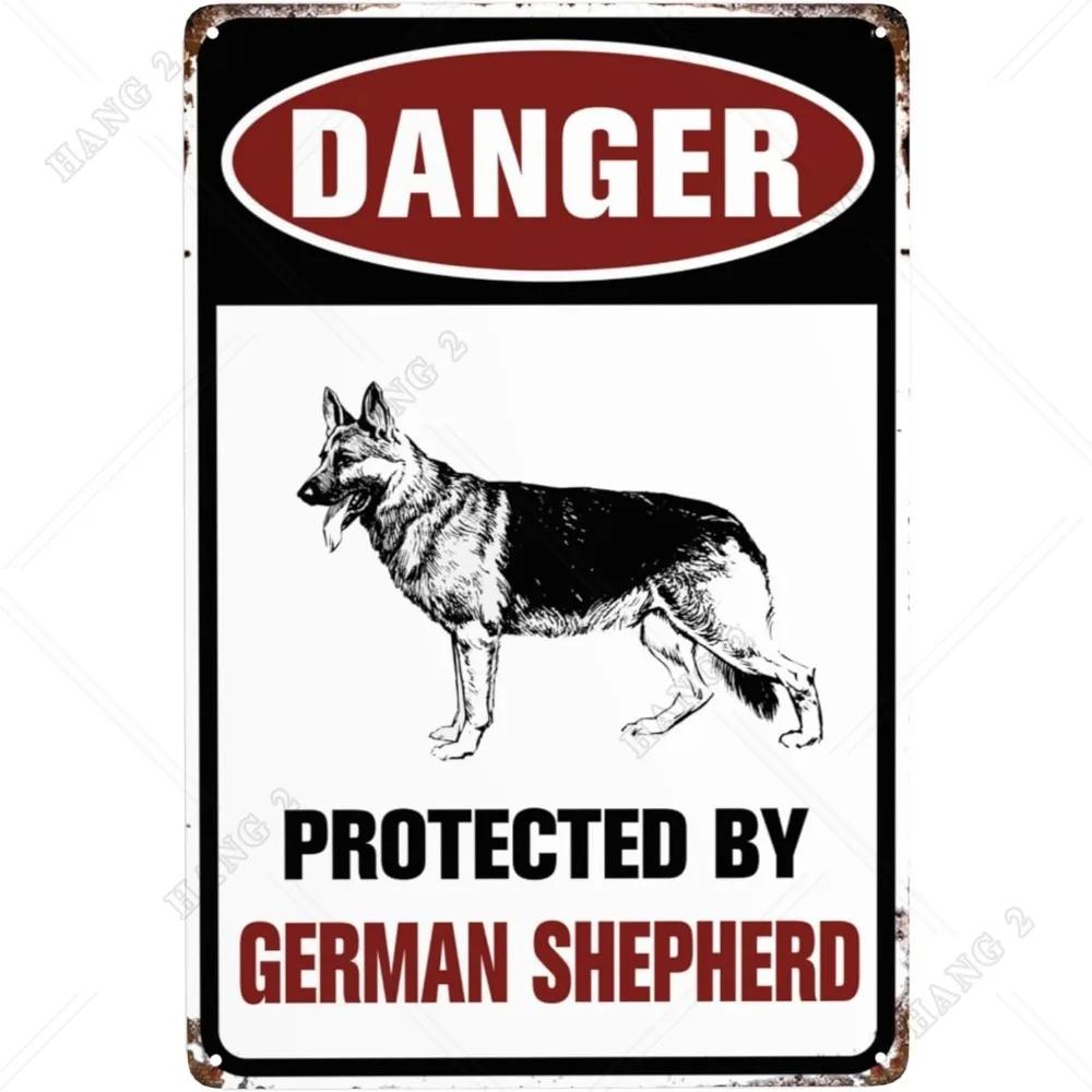 Atenție Câine Avertisment Placă Metalică Semne Metalice Ciobanesc German Poster Alb-Negru pentru Gard Fermă Germană Exterior Casă