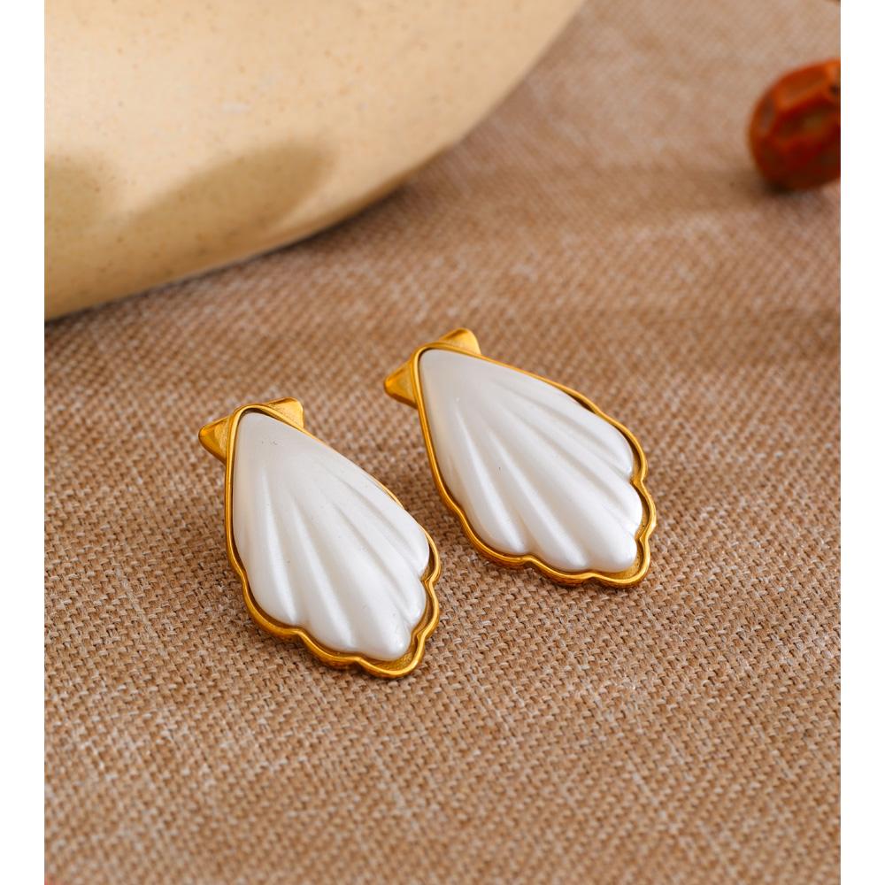 Yhpup Stainless Steel Imitation Pearl Shell Shape Stud Earrings Fashion Statement Earrings Jewelry PVD Gold Plated