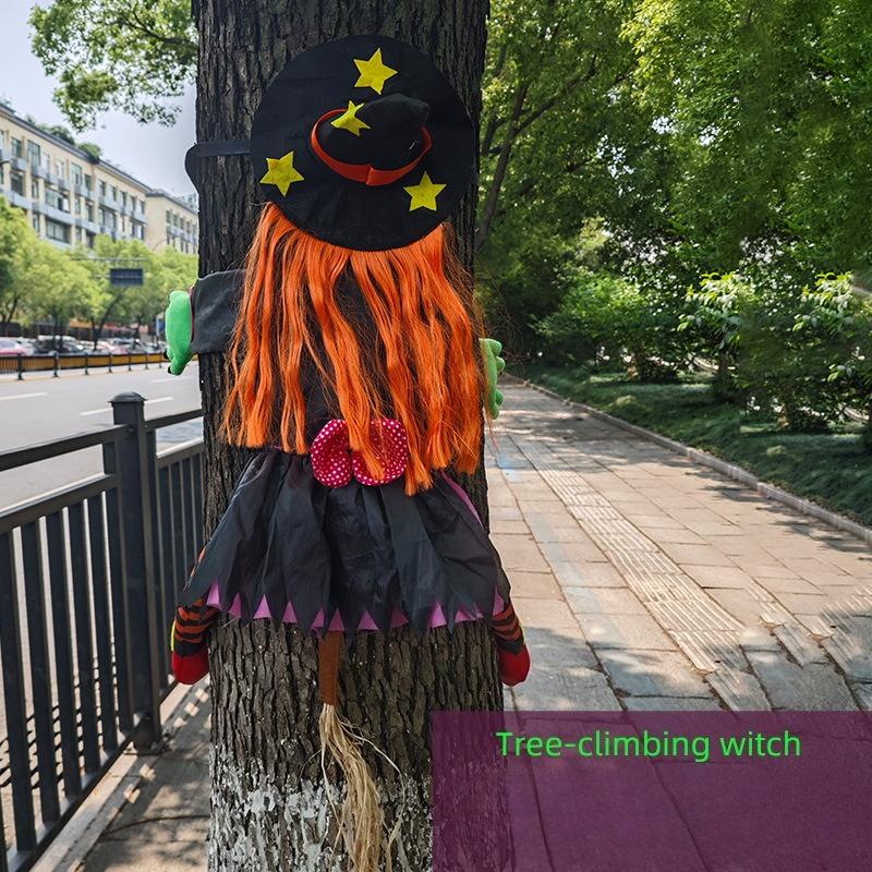Halloween Orange Hair Witch Climbing Tree Pendant Realistic Witch Collision with Tree Scene Decor for Outdoor Halloween Displays