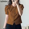 VONDA Damen Casual Rundhals Kurzarm Krawatte Einfarbig Lose Bluse