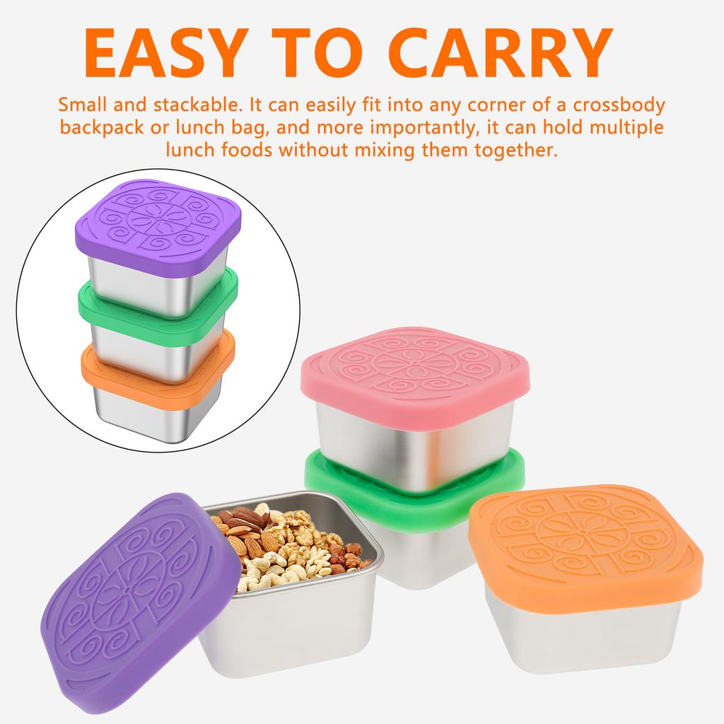 4Pcs Stainless Steel Snack Salad Box with Silicone Lid 2/6oz Leakproof Portable Stackable Sauce Container Dressing Food Storage