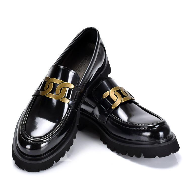 Men s Genuine Leather Thick-soled Slip-on Loafers: Height-increasing, Breathable, Glossy, Patent Leather, Perforated Cowhide Shoes 43