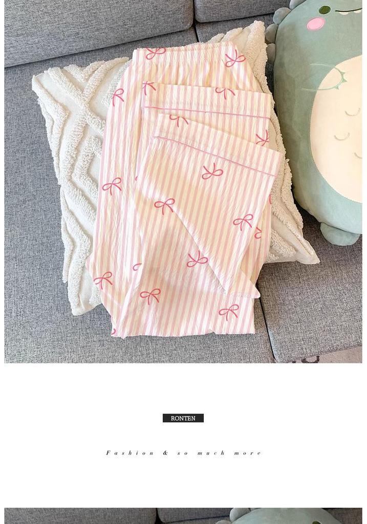 Women's Spring/Summer Pajamas: Long Sleeve & Pants, Loose Fit, Thin, Wrinkled Fabric, Bow & Stripes, Suitable for Outdoors