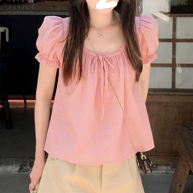 ZANZEA Damen Lässige Runde Halslinie Lockere Sommer Kurzarm Bluse