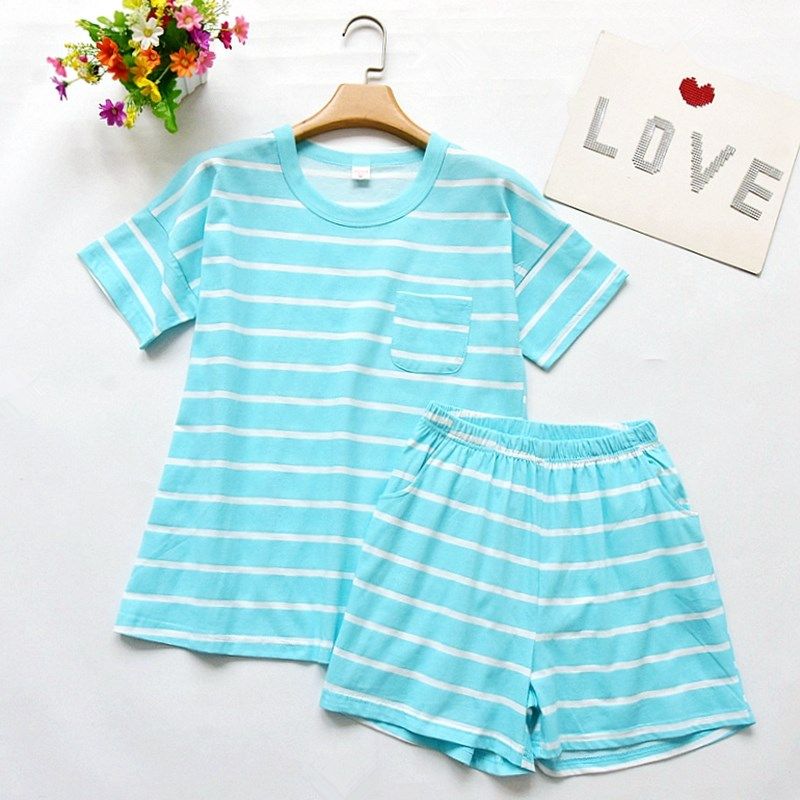 

Women s Cotton Stripe round-Neck Comfortable Homewear Shorts Light Blue(Stripes) XL