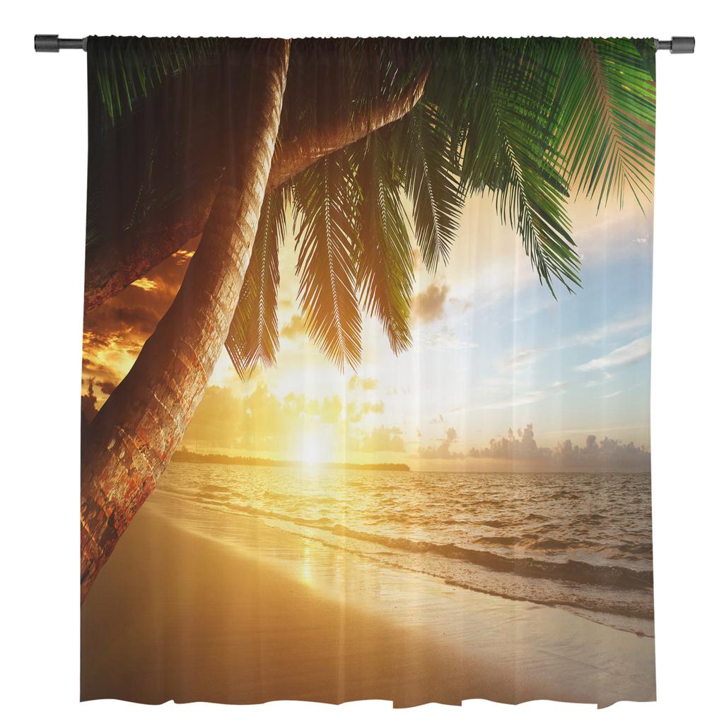 Dusk Beach Coconut Trees Chiffon Sheer Curtains for Living Room Bedroom Home Decoration Window Voile Tulle Curtain Drapes