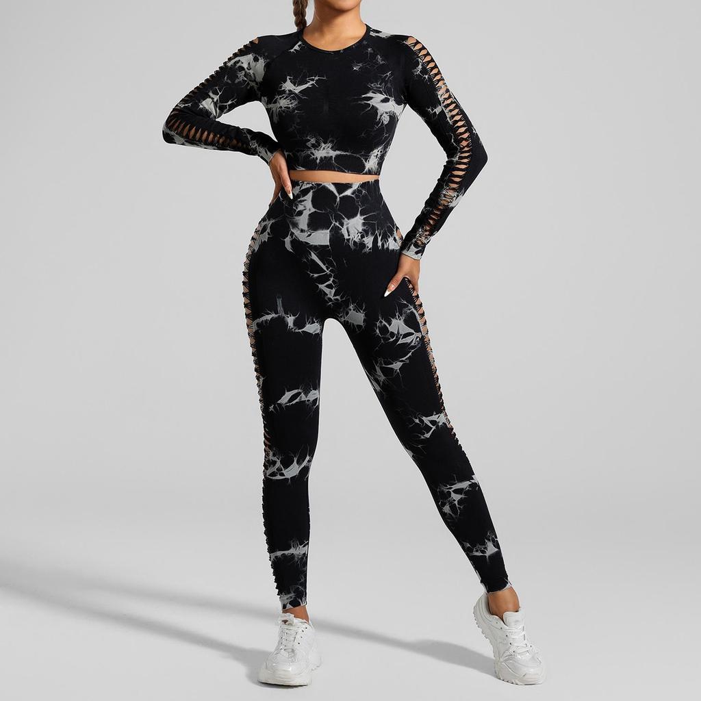 European American Tie-Dye Butt-Lift Yoga Set: Long Sleeve, Seamless Fitness Clothing with Hollow Out Design