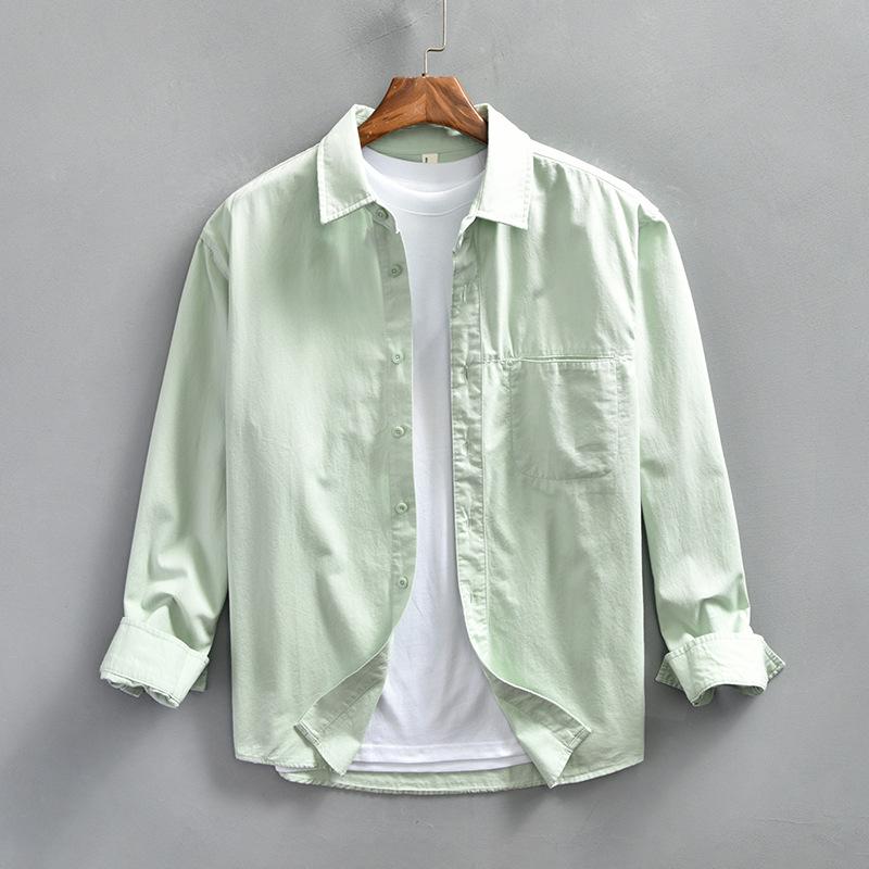 

Мужские рубашки карго с длинным рукавом в японском стиле, весенне-осенняя повседневная рубашка с карманом, из чистого хлопка, на пуговицах, повседневный свободный топ 4XL светло-зеленый