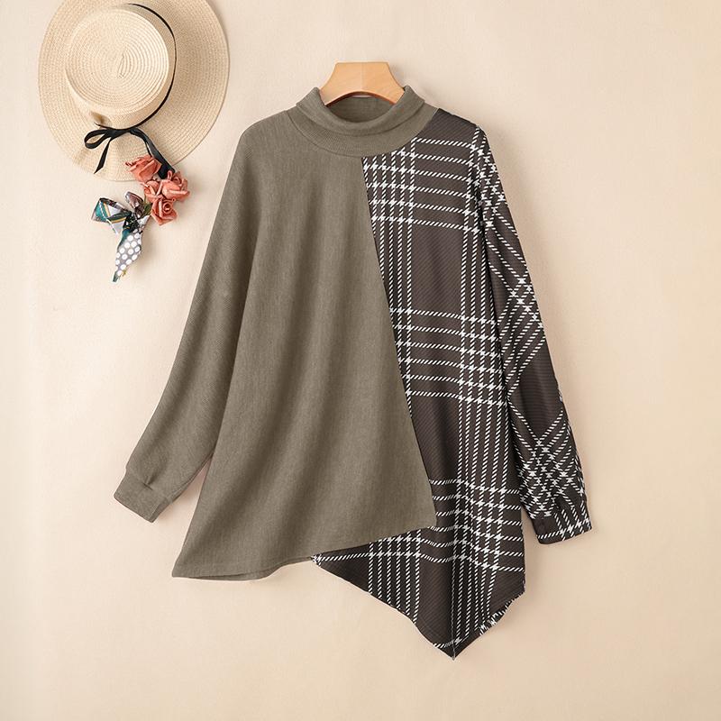 ZANZEA Women Stand Collar Long Sleeve Plaid Print Patchwork Irregular Pullover Tops