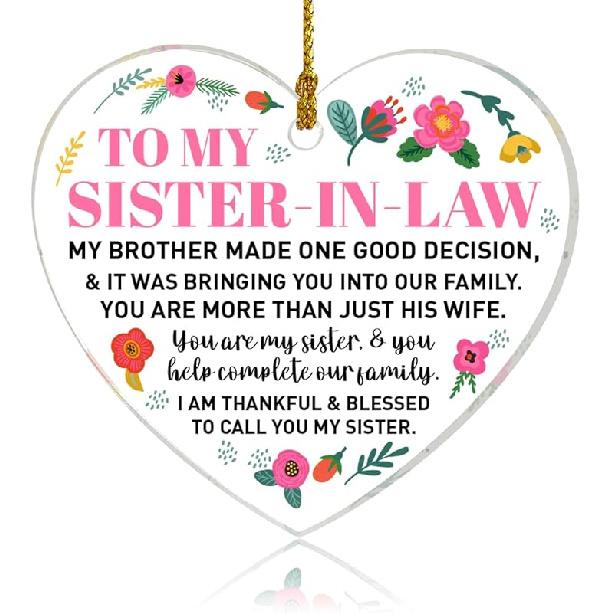 Sister in Law Ornament Gifts, Sister in Law Birthday Wedding Christmas Keepsake Gifts for Sister in Law Acrylic Heart Hanging Ornament Gifts, Sister