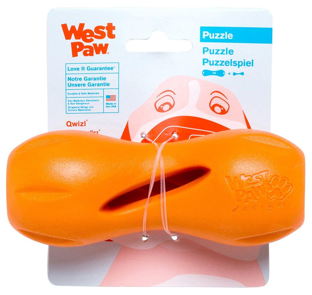 West Paw Zogoflex Quizle, прочная и неразрушимая игрушка для собак с лакомствами и развивающими функциями. [Мандарин (оранжевый) Маленький]