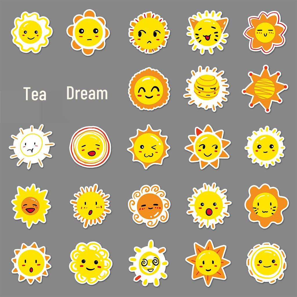 50 Gold Sun Journal Stickers - Cute, Waterproof Decor for Kids' Phones and Luggage