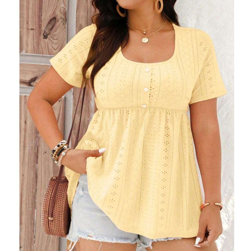 Women's Plus Size Casual Loose Round Neck Short Sleeved Pleated Button Irregular Hem Top