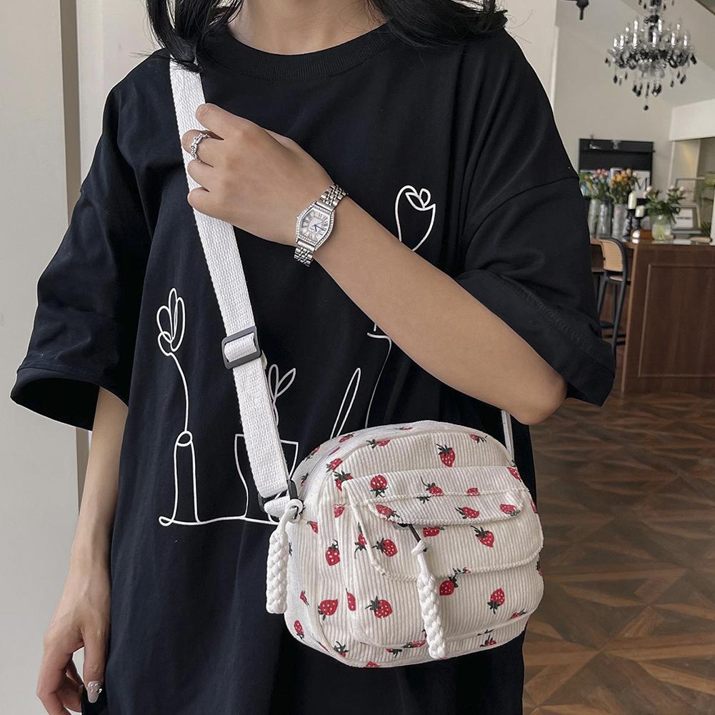 Cute Strawberry Trendy Crossbody Bag Corduroy Messenger Bag Casual Zipper Tote Handbag for Women Travel Work