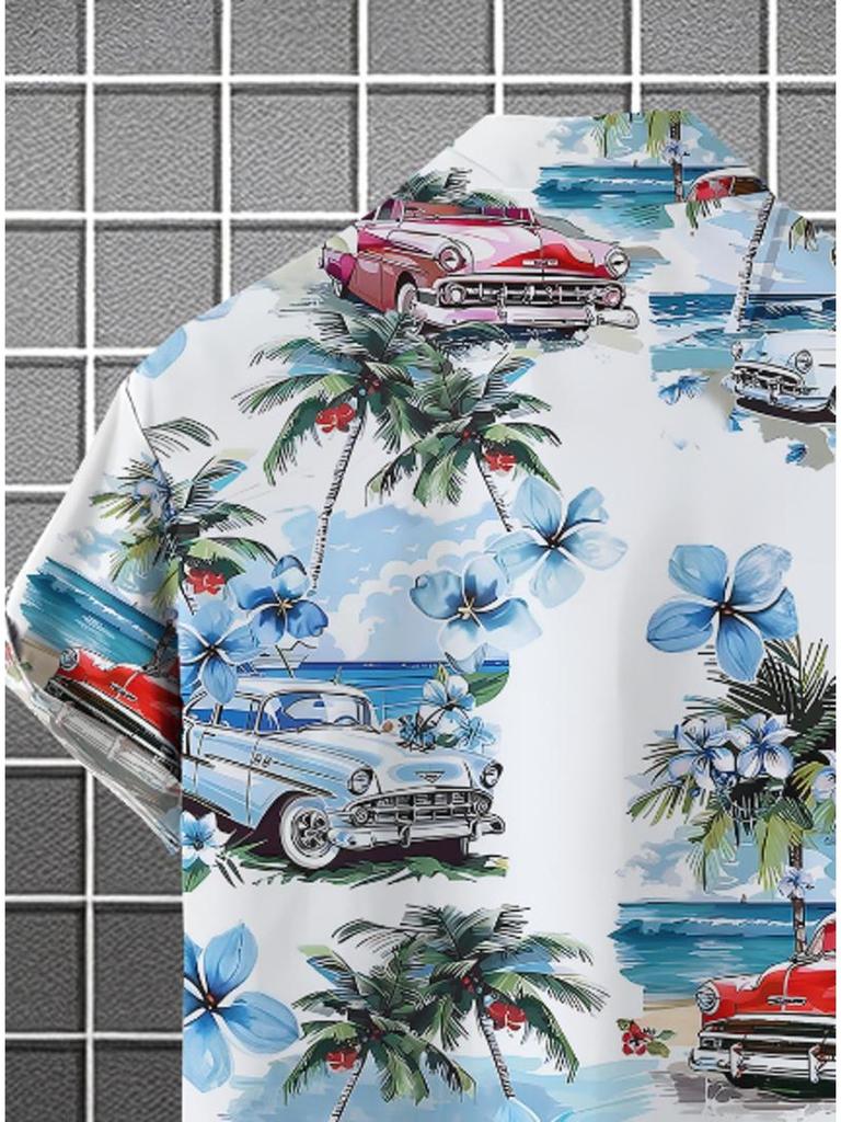 Men's Casual Short - Sleeve Shirt with Coconut Tree & Car Prints, Made of Polyester Fiber, Mixed Color, Multiple Specifications Available, Suitable