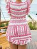 Foreign Trade Europe and America Fat Mm Vacation Sunscreen Top Pink and White Geometric Pattern Sexy Top V-neck Knotted Ruffle Edge Short Sleeve