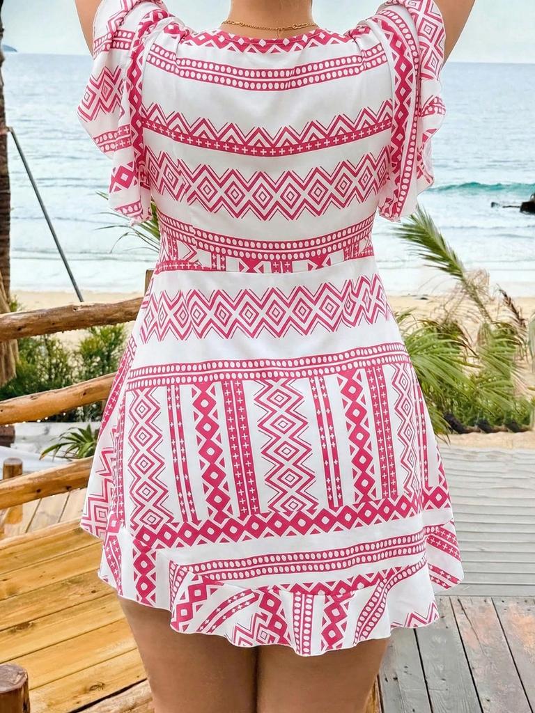 Foreign Trade Europe and America Fat Mm Vacation Sunscreen Top Pink and White Geometric Pattern Sexy Top V-neck Knotted Ruffle Edge Short Sleeve