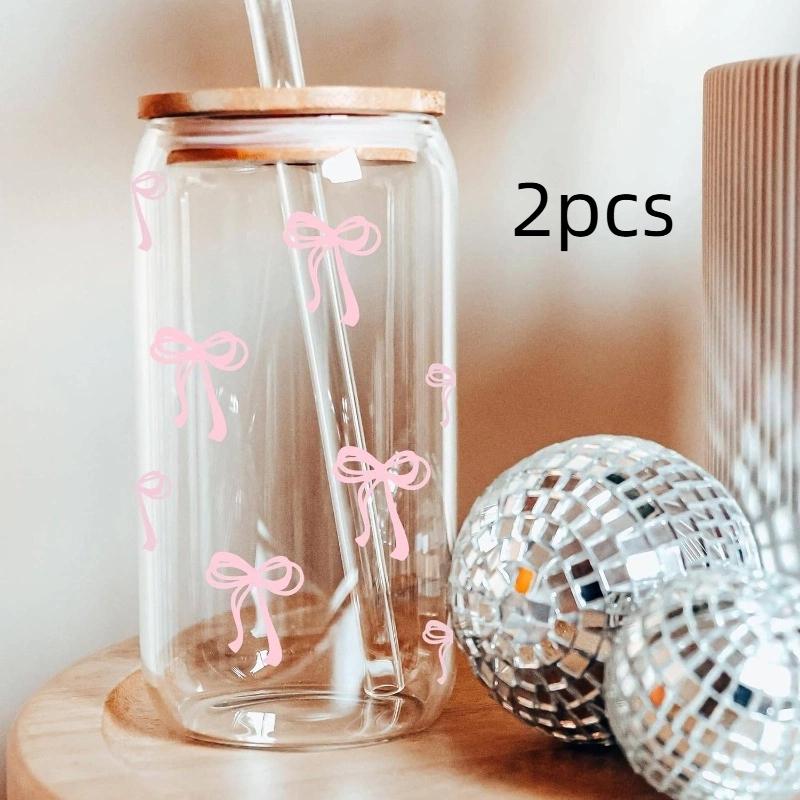 Cute Butterfly Knot Glass Cup with Bamboo Lid and Straw, Birthday Gift, Cold Drink Pattern, Holiday Gift, 500ML/16.9oz