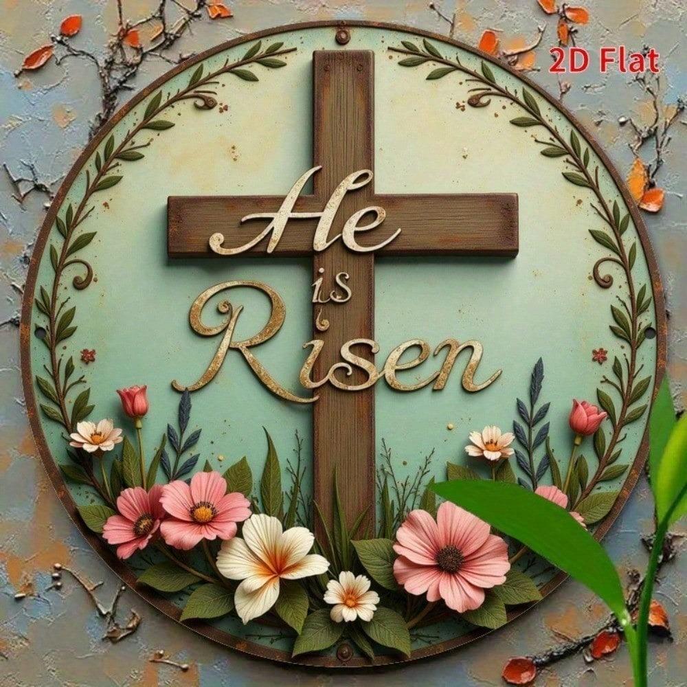 He Is Risen Easter Cross Metal Sign 7.8 Inch Vintage Floral Religious Wall Art Resin Decor
