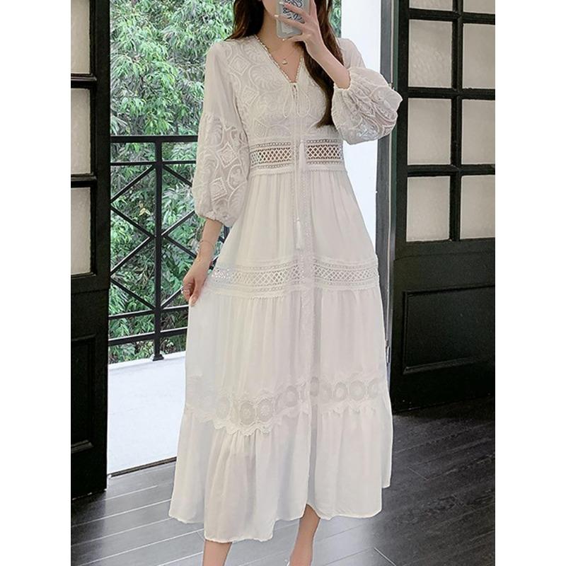 Λευκό μακρύ φόρεμα Γυναικεία καλοκαιρινά Boho δαντελένια φορέματα Γυναικείο φόρεμα για διακοπές στην παραλία