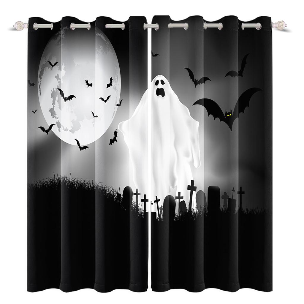 2pcs/set Horror Halloween Window Curtain Full Moon Night Tomb Iron Gate Back Room Home Bedroom Decor Blackout Polyester Curtains