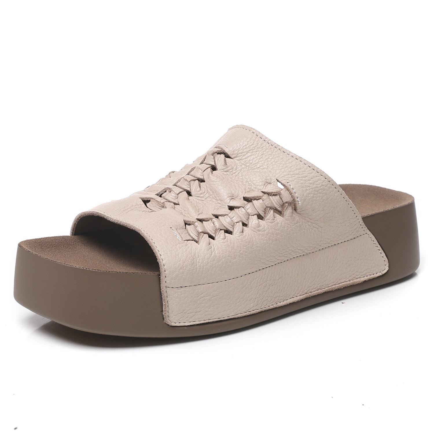 

Johnature Genuine Leather Woven Thick Soled Outdoor Slippers Versatile Peep Toe Soft Soled Women s Flat Slides 40 бежевий
