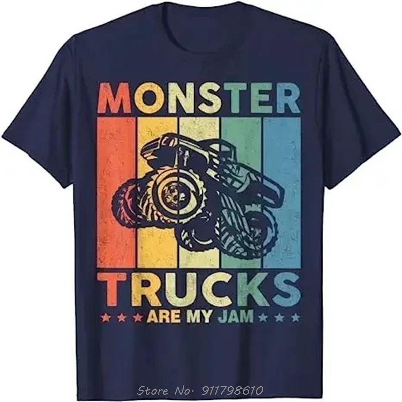 Monster Truck Are My Jam Vintage Tees Retro Sunset Cool Engines T-Shirt Monster Truck Car for Birthday Boy Sons Gifts Cute Tops