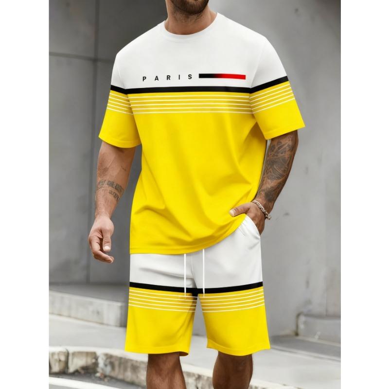 Fashion Stripe Printed T-Shirt Shorts 2-Piece Set Plus Size Outdoor Casual Men's Clothing Breathable Short Sleeve Shorts Suit